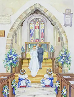 Bridesmaids: Church interior with couple getting married