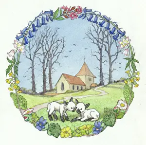 Cowslips: Church and two lambs within a circle of flowers
