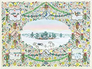 Goldfinch: Church in snowy landscape in decorative border