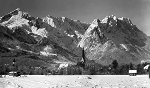 Burgstraße: The two churches of Garmisch in winter, 1927