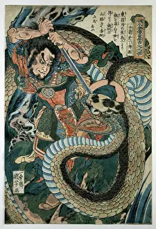 Kuniyoshi: Chusenko Teitokuson attacked by a snake on a mountain path