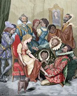 Cinderella: Cinderella. The gentleman putting the slipper in his tiny fo