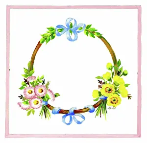 Buttercups: Circle with blue bows, daisies and buttercups