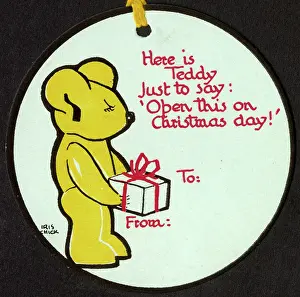 The Iris Chick Collection: Circular Christmas gift tag featuring a teddy bear