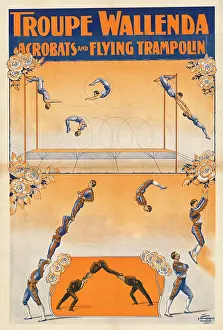 Troupe: Circus poster - trapeze, acrobats and flying trampolin