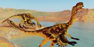Oviraptorid: Citipati dinosaurs by a Cretaceous lake