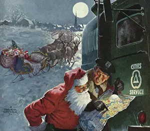 Clause: City Worker guides Santa Claus with Map