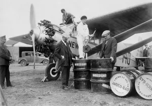 Fuelled: Clarence Chamberlain and Lloyd Bertaud refuel their Columbi