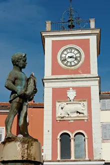 Clock tower and statue, Rovinkj, Croatia