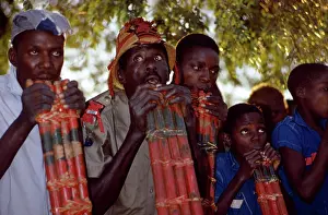 Panpipe: Close-up of Nyanga panpipe player at Matambo 1, Nyanga