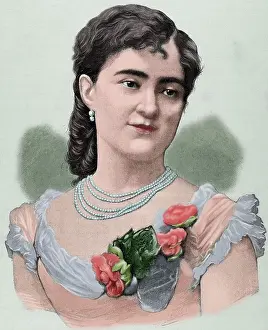 Harp: Clotilde Cerda (1852-1926). Engraving. Colored