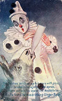David Pearson: Clown with donkey and bottle on a comic greetings card