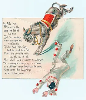 Pompom: Clown falling from a donkey on a greetings card