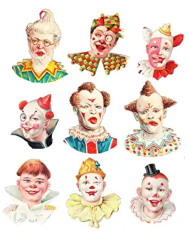 Grimacing: Clown heads on nine Victorian scraps