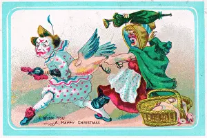 Victorian Christmas: Clown stealing goose on a Christmas card