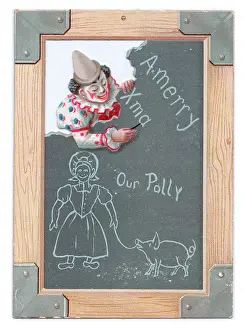 Oeil: Clown writing on a slate on a Christmas card