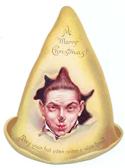Pursed: Clown's face on a hat-shaped Christmas card