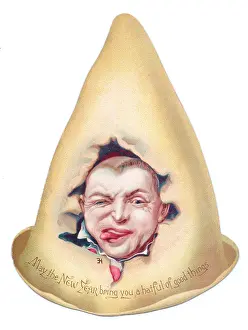Wink: Clown's face on a hat-shaped New Year card