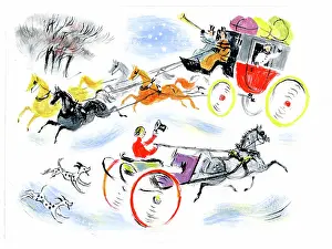 Snowscene: Coach and dogcart passing in the snow