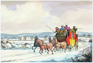 Jezzard: Coach and four on lane in a snowy landscape