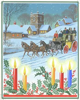 Asta: Coach in snow by village with candles