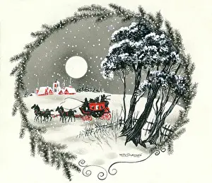 Schermele: Coach and village in the snow by moonlight