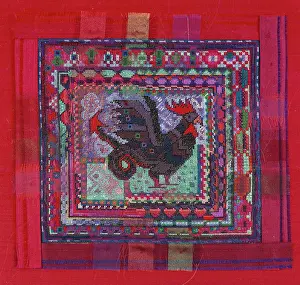 Therese: Cockatrice– on crimson (embroidery)