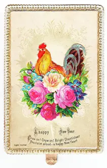 Crowing: Cockerel with assorted flowers on a New Year card