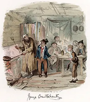 Cruikshank: Colour illustration of a scene from the novel