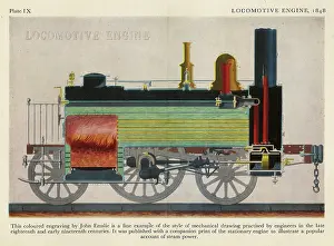 Engaving: Coloured engaving of a locomotive engine by John Emslie