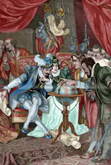 Columbus: Columbus in Santa Fe camp. Engraving. Specht engraving after