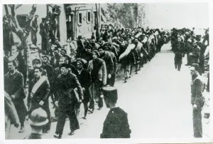 Interned: Column of men being marched to French Internment Camps