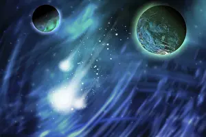 Comet: Three comets blaze a trail near a planet and its moon