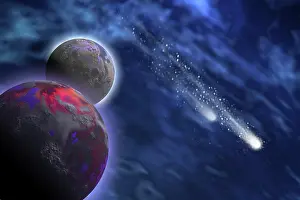 Comet: Two comets stream past a planet and its moon