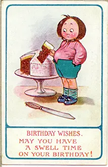 Swell: Comic birthday postcard, Boy with large cake