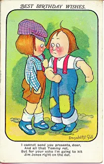 Patched: Comic birthday postcard, Two boys about to fight