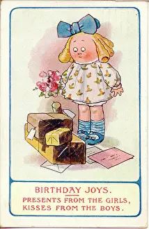 Envelopes: Comic birthday postcard, Girl with presents