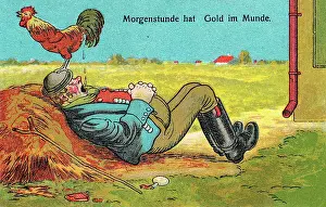 Shit: Comic German postcard -- cockerel and sleeping man