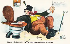 Flush: Comic German postcard -- drunkard in the toilet