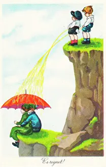 Urinating: Comic German postcard -- It's raining!