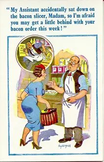 Apology: Comic postcard, accident with bacon slicer