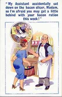 Apology: Comic postcard, accident with bacon slicer