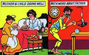 Nursemaid: Comic postcard - arrival of a new baby