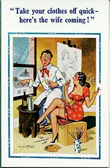 Siphon: Comic postcard, Artist with pretty young visitor