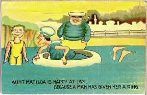 Spinster: Comic postcard, Aunt Matilda bathing in the sea