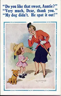 Spat: Comic postcard, Auntie, niece and dog