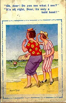 Reassured: Comic postcard, Bald head in the sea, WW2