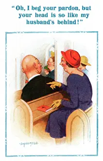 Prodding: Comic postcard, bald-headed man in church