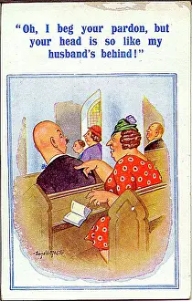 Prodding: Comic postcard, bald-headed man in church