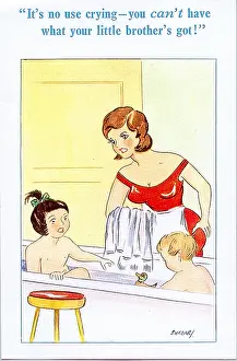 Envious: Comic postcard, Bathtime for son and daughter